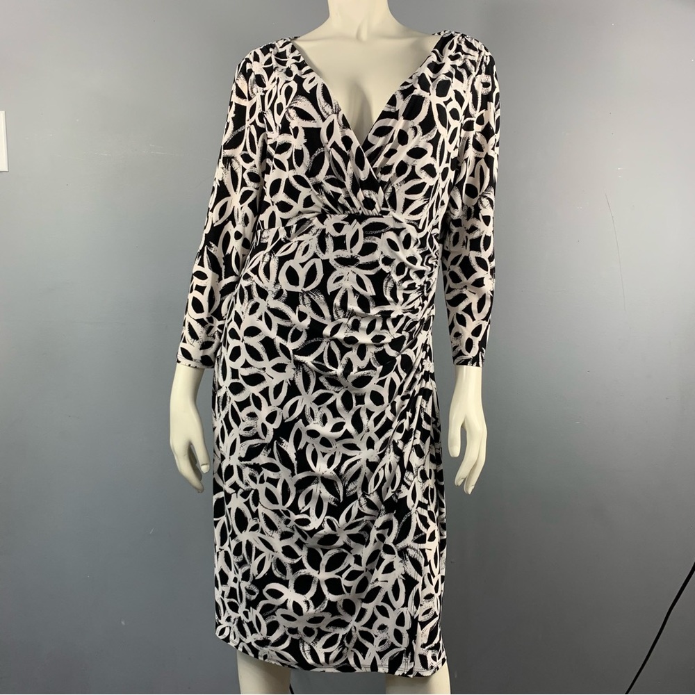 Ralph Lauren Black and Cream Patterned Wrap-Style Midi Dress